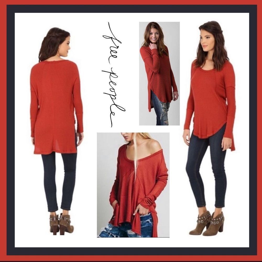Free People Boho Ventura High Low Drippy Waffle Thermal in Burnt Orange Size XS